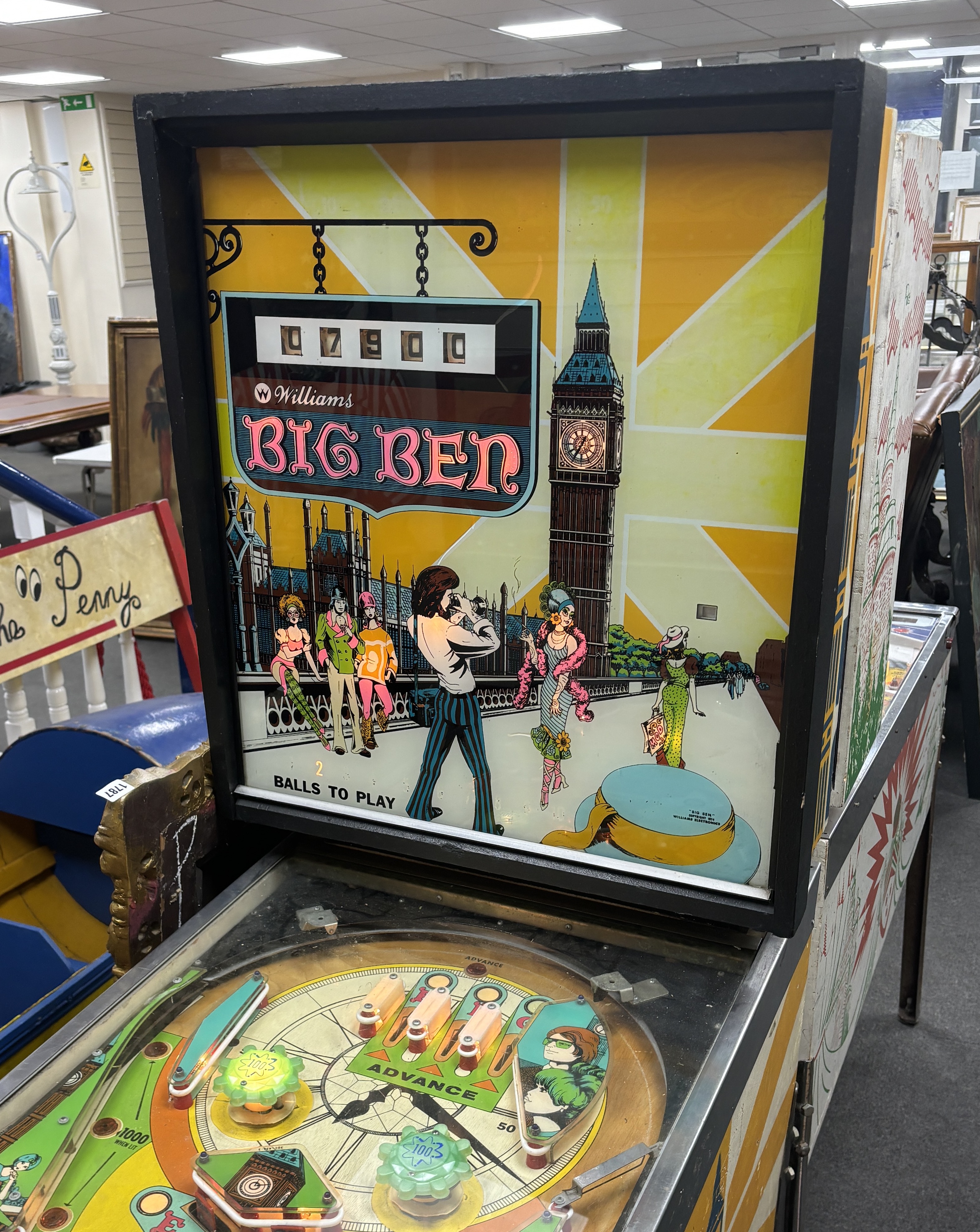 A mid century Williams Big Ben pinball machine, length 132cm, width 61cm, height 179cm